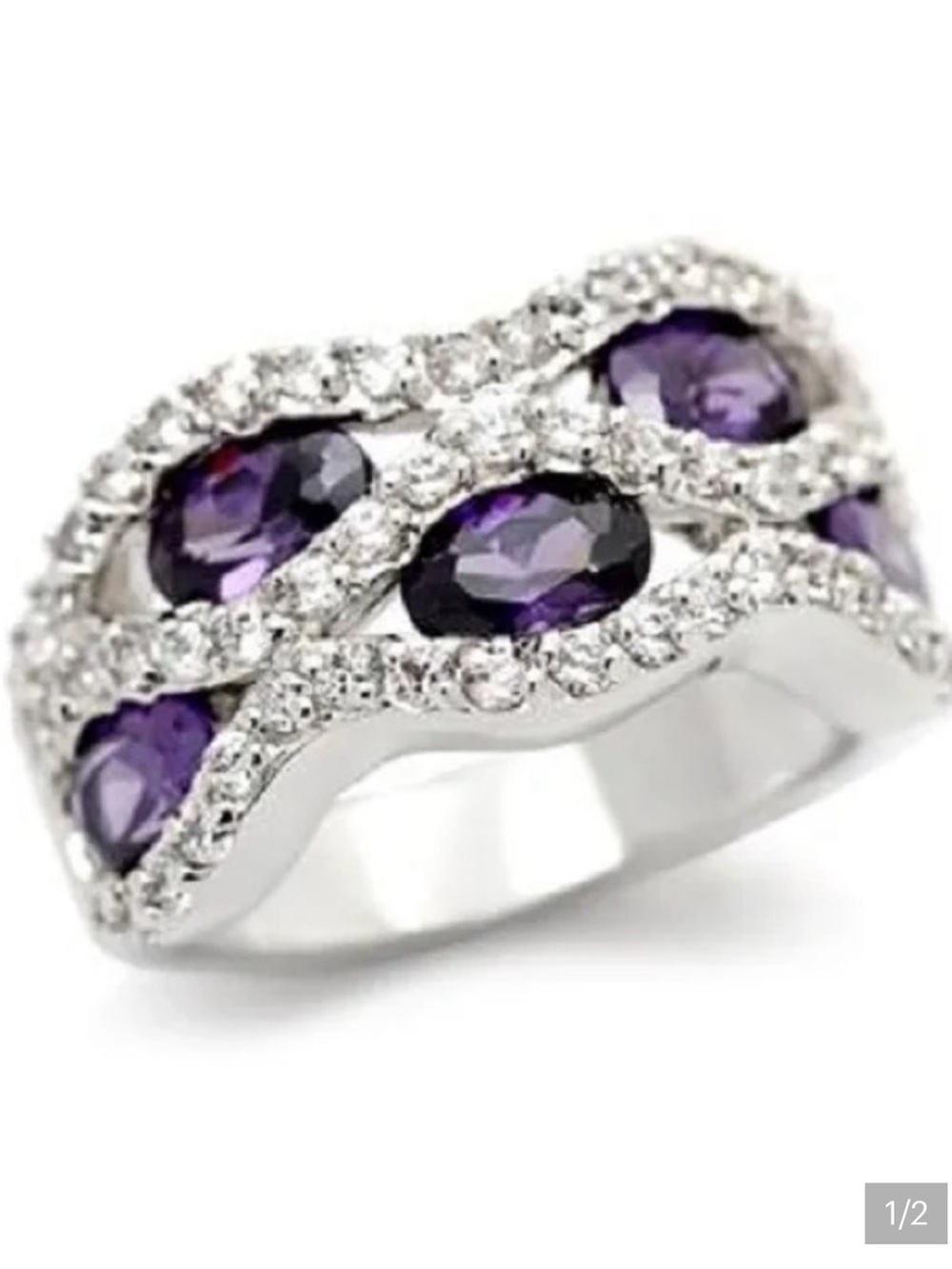 Amethyst Cz purple Pave Set Cocktail statement Wedding ladies band Ring silver